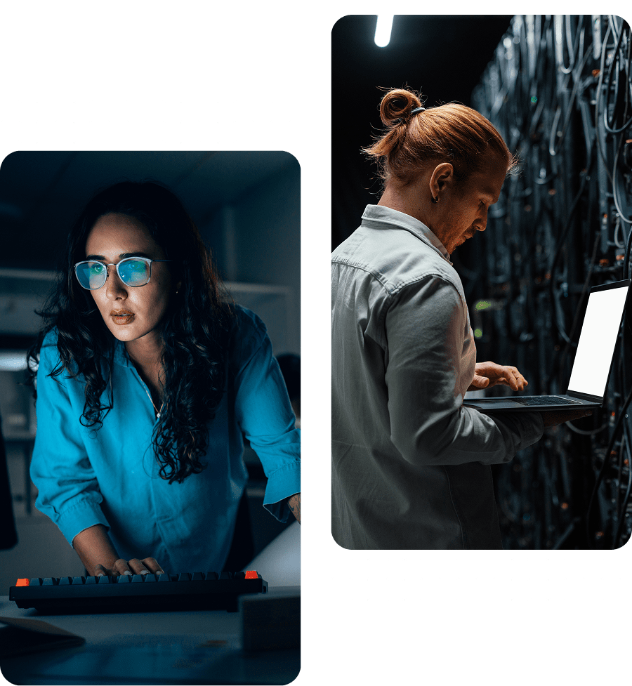 Professionals managing technology in server environment