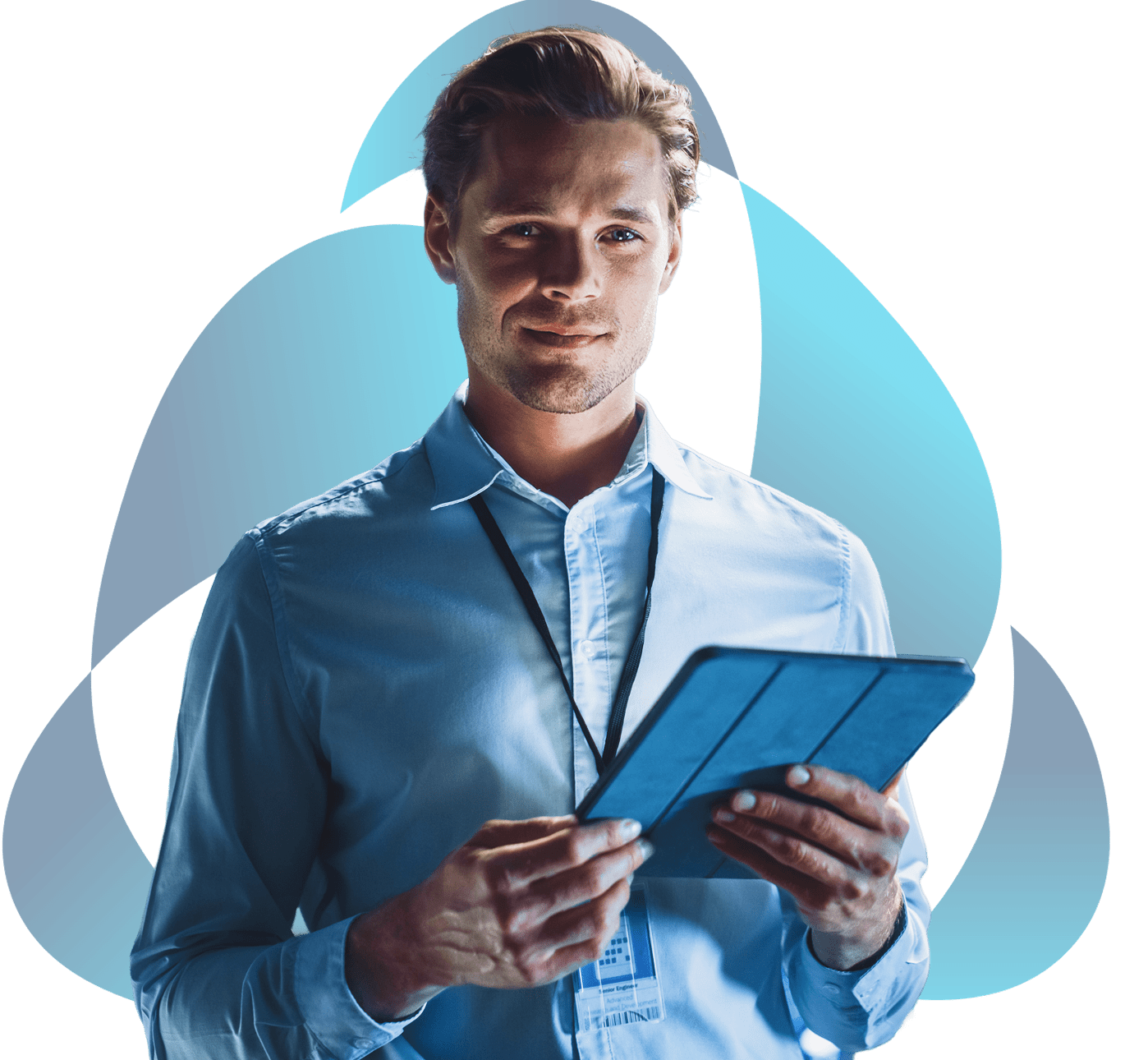 Person with tablet and conference badge