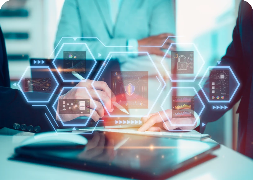 Teamwork with futuristic data visualization